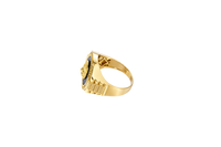 14KT Gold Ring Men's Onyx Raised Gold Lion Head White CZ Stoned Border Framed with Five Row Bridge Side Design Ascending Steps Under Continued Five Row Bridge