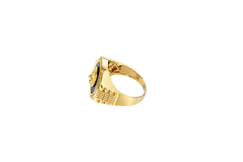 14KT Gold Ring Men's Onyx Raised Gold Lion Head White CZ Stoned Border Framed with Five Row Bridge Side Design Ascending Steps Under Continued Five Row Bridge