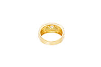14KT Gold Ring Men's Square White CZ Round Center Stone Plain Platform Border Side Design Double Row White CZ Stones with Zig Zag Zipper Print