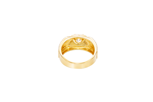 14KT Gold Ring Men's Square White CZ Round Center Stone Plain Platform Border Side Design Double Row White CZ Stones with Zig Zag Zipper Print