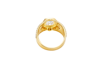 14KT Gold Ring Men's Rectangle Double Plain Border Shank Design Fleur De Lis with U Shaped White CZ Stone Border