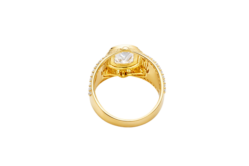 14KT Gold Ring Men's Rectangle Double Plain Border Shank Design Fleur De Lis with U Shaped White CZ Stone Border