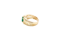 14KT Gold Ring Men's Square Green CZ Round Center Stone White CZ Stone Border Band Design Greek with Single Row White CZ Stones Border Plain Thread on Edge Border