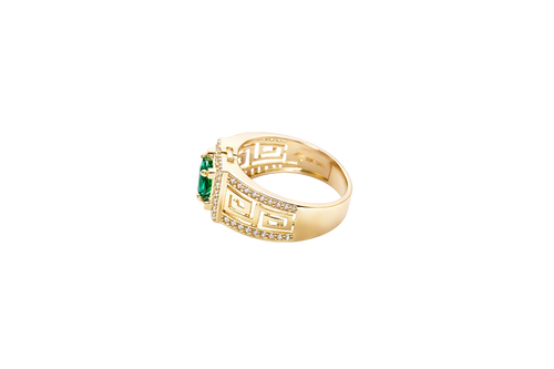 14KT Gold Ring Men's Square Green CZ Round Center Stone White CZ Stone Border Band Design Greek with Single Row White CZ Stones Border Plain Thread on Edge Border