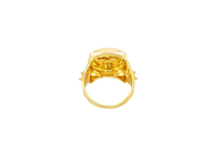 14KT Gold Ring Men's Round Raised Medusa Head with Plain Background Greek Border Band Design Single Round White CZ Stone Cutout with Greek Band Border