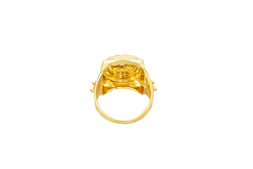 14KT Gold Ring Men's Round Raised Medusa Head with Plain Background Greek Border Band Design Single Round White CZ Stone Cutout with Greek Band Border