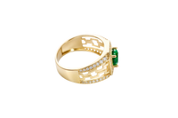 14KT Gold Ring Men's Octagon Green CZ Round Center Stone White CZ Stone Border and Three Stacked Cutout Boxes with Single Row White CZ Stones Band