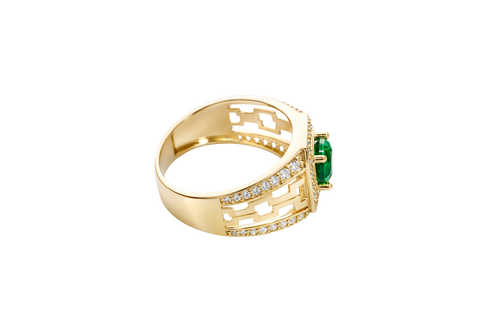 14KT Gold Ring Men's Octagon Green CZ Round Center Stone White CZ Stone Border and Three Stacked Cutout Boxes with Single Row White CZ Stones Band
