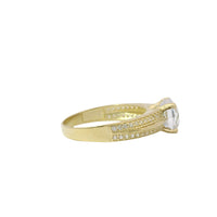 14KT Gold Ring Women's 4 Prong Round Cushion Cut White CZ Stone Solitaire with Double Row of White CZ Stones with Raised Plain Center Line Band