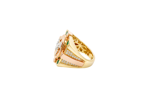 14KT Gold Ring Men's Square Tri Tone Raised Oval Full Horse with Sunray Background and Corner Design One Green CZ Stone Band Design Double Row White CZ Stone Interlocking Top/Side Cross