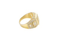 14KT Gold Ring Men's Square Seven Row White CZ Stone Platform Center Diamond Shape Raised Center Stone with Plain Border Band Design Two Baguette Stones Plain Border with White CZ Stone Background