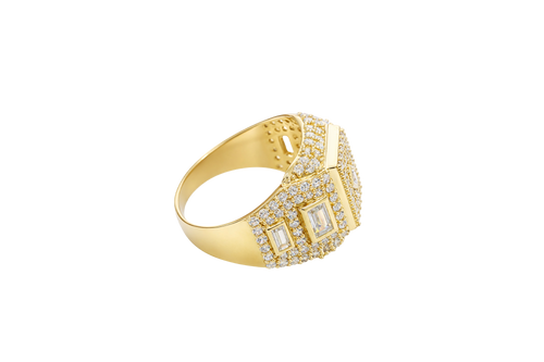 14KT Gold Ring Men's Square Seven Row White CZ Stone Platform Center Diamond Shape Raised Center Stone with Plain Border Band Design Two Baguette Stones Plain Border with White CZ Stone Background