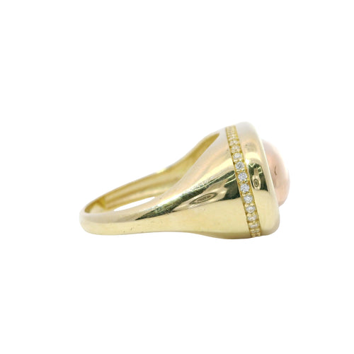 14KT Gold Ring Women's Two Tone Plain Bubble Oval with Puff Border and White CZ Stone Edge Plain Band