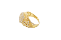 14KT Gold Ring Men's Oval White CZ Stone Raised Platform with White CZ Stone Edge Shank Etched Stripes White CZ Stone Triangle Shape and White CZ Stone Border