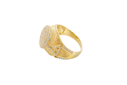 14KT Gold Ring Men's Oval White CZ Stone Raised Platform with White CZ Stone Edge Shank Etched Stripes White CZ Stone Triangle Shape and White CZ Stone Border