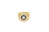 14KT Gold Ring Men's Jumbo Round White CZ Center Stone Plain Border on Onyx Background with White CZ Stones Border Side Design Jubilee
