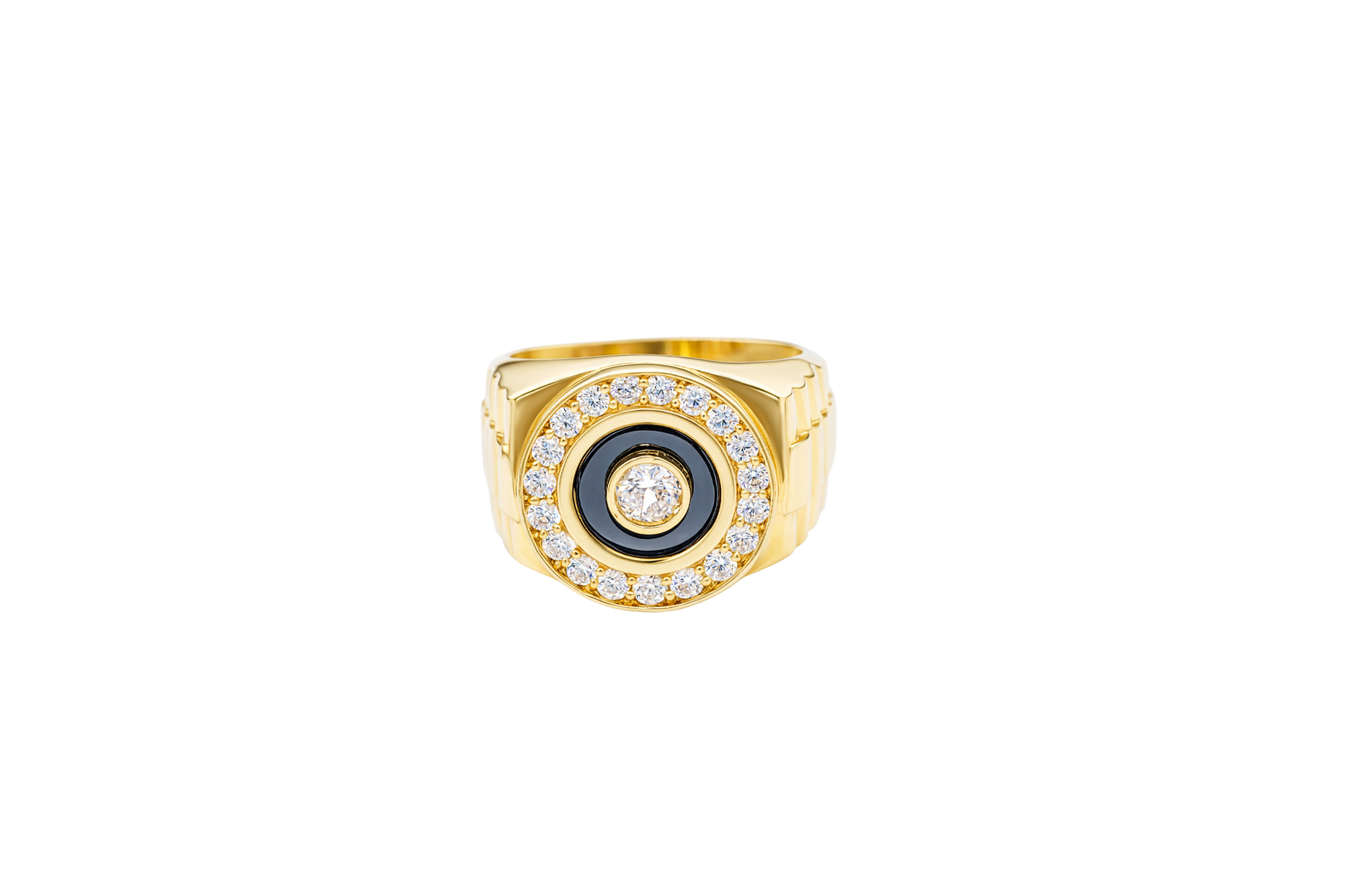 14KT Gold Ring Men's Jumbo Round White CZ Center Stone Plain Border on Onyx Background with White CZ Stones Border Side Design Jubilee