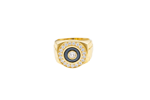 14KT Gold Ring Men's Jumbo Round White CZ Center Stone Plain Border on Onyx Background with White CZ Stones Border Side Design Jubilee