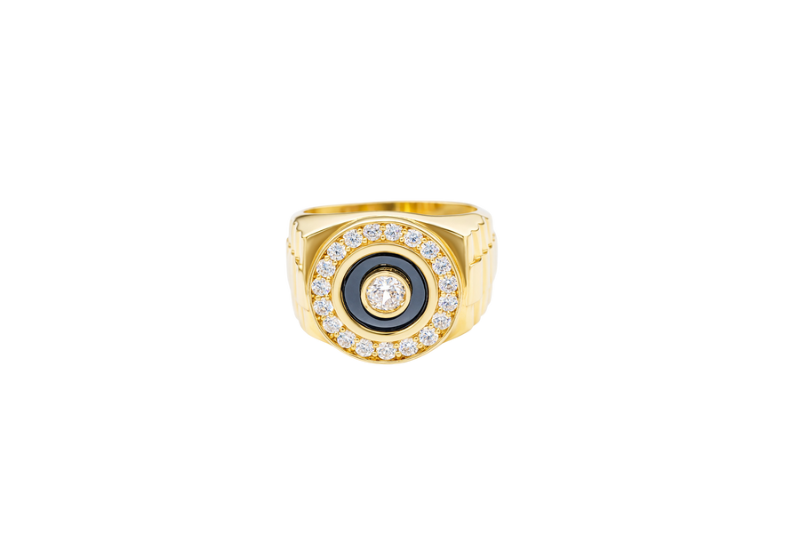 14KT Gold Ring Men's Jumbo Round White CZ Center Stone Plain Border on Onyx Background with White CZ Stones Border Side Design Jubilee