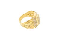 14KT Gold Ring Men's Rectangle Double Platform Five Rows of Four White CZ Stone Cluster Center with Edge Design Triple Row of 7 White CZ Stones Corner Design Six Round White CZ Stones Band Design Chrome Style Cross
