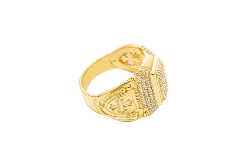 14KT Gold Ring Men's Rectangle Double Platform Five Rows of Four White CZ Stone Cluster Center with Edge Design Triple Row of 7 White CZ Stones Corner Design Six Round White CZ Stones Band Design Chrome Style Cross