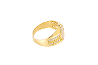 14KT Gold Ring Men's Oval White CZ Stone Cluster Center Design with Seven Rows Plain Border Side Design Two Single Rows of White CZ Stones with Gold Rope Pattern in Middle