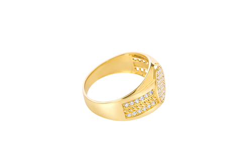 14KT Gold Ring Men's Oval White CZ Stone Cluster Center Design with Seven Rows Plain Border Side Design Two Single Rows of White CZ Stones with Gold Rope Pattern in Middle