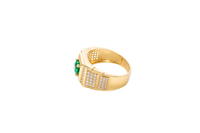 14KT Gold Ring Men's Square Green CZ Round Center Stone Plain Platform Border Band Design Single Row White CZ Stones Stair with Two Five Stone Triple Row White CZ Stones Blocks One Ridge Under Each Box Plain Borders