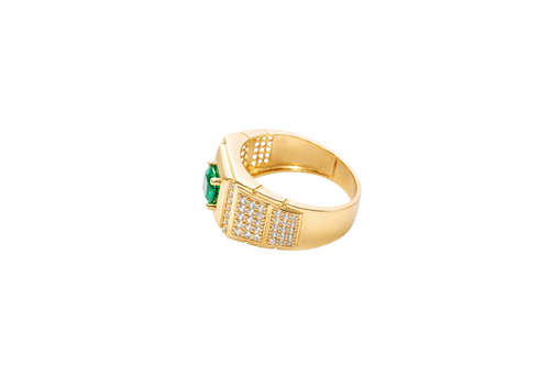 14KT Gold Ring Men's Square Green CZ Round Center Stone Plain Platform Border Band Design Single Row White CZ Stones Stair with Two Five Stone Triple Row White CZ Stones Blocks One Ridge Under Each Box Plain Borders