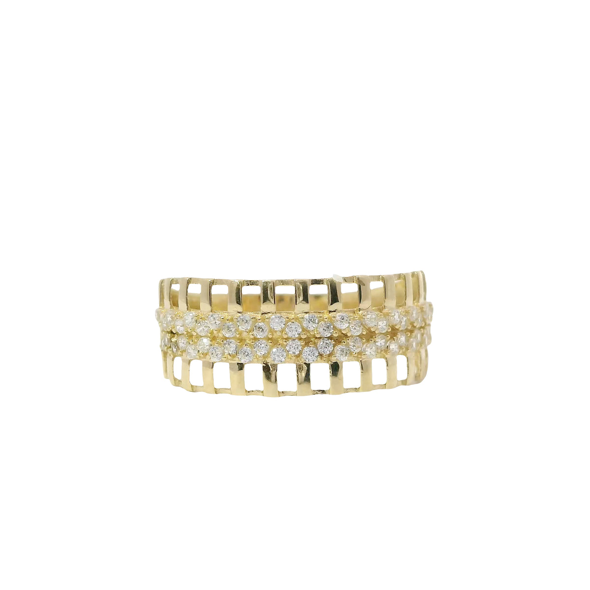 14KT Gold Ring Women's Light Weight Open Stipe Wide Band with White CZ Chain Link on Solid Background Center