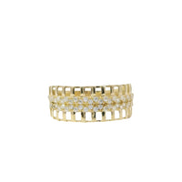 14KT Gold Ring Women's Light Weight Open Stipe Wide Band with White CZ Chain Link on Solid Background Center