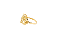 14KT Gold Ring Women's "15" Open Floral Oval Quinceanera Center with White CZ Stones Border Open Hearts on Shank with Seven Dot Flower Design and a Plain Band
