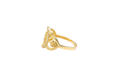 14KT Gold Ring Women's "15" Open Floral Oval Quinceanera Center with White CZ Stones Border Open Hearts on Shank with Seven Dot Flower Design and a Plain Band