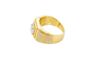 14KT Gold Ring Men's Round White CZ Stone Center with Plain Square Border and Single Row of Seven White CZ Stone Center Side Border Side Design Two Smaller Plain Square Border Two Triple Rows of Five White CZ Stones