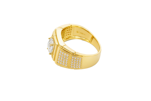 14KT Gold Ring Men's Round White CZ Stone Center with Plain Square Border and Single Row of Seven White CZ Stone Center Side Border Side Design Two Smaller Plain Square Border Two Triple Rows of Five White CZ Stones