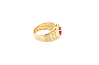 14KT Gold Ring Men's Round Red CZ Stone Plain Square Border with Side Design White CZ Stones 2 Tiers Single Row 3rd Tier Triple Row of Five White CZ Stones