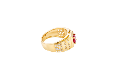14KT Gold Ring Men's Round Red CZ Stone Plain Square Border with Side Design White CZ Stones 2 Tiers Single Row 3rd Tier Triple Row of Five White CZ Stones