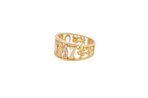 14KT Gold Ring Women's "Good Luck" Tri Tone Open Split Band with Plain Borders Horseshoe Flower CZ Eye Pink Eye Elephant Owl Man