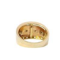 14KT Gold Ring Women's Tri Tone Right Facing White Gold Elephants One with Pink CZ Eye Rose Background White CZ Stones White Gold Band Border