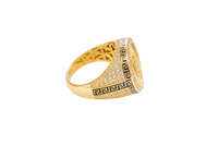14KT Men's Ring Gold Round Virgin Mary Coin Brushed Finish Background with White CZ Stones Border and Black / Gold Greek Style Design Around the Border and Each Side of Band