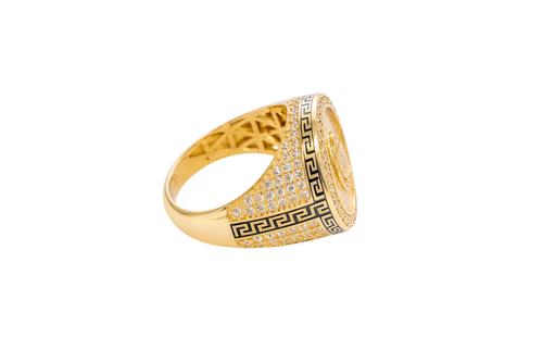 14KT Men's Ring Gold Round Virgin Mary Coin Brushed Finish Background with White CZ Stones Border and Black / Gold Greek Style Design Around the Border and Each Side of Band