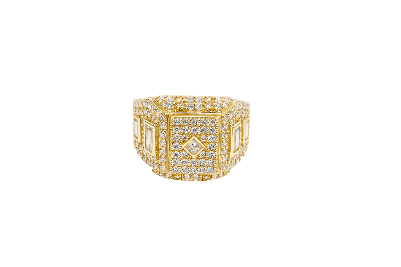 14KT Gold Ring Men's Square Seven Row White CZ Stone Platform Center Diamond Shape Raised Center Stone with Plain Border Band Design Two Baguette Stones Plain Border with White CZ Stone Background