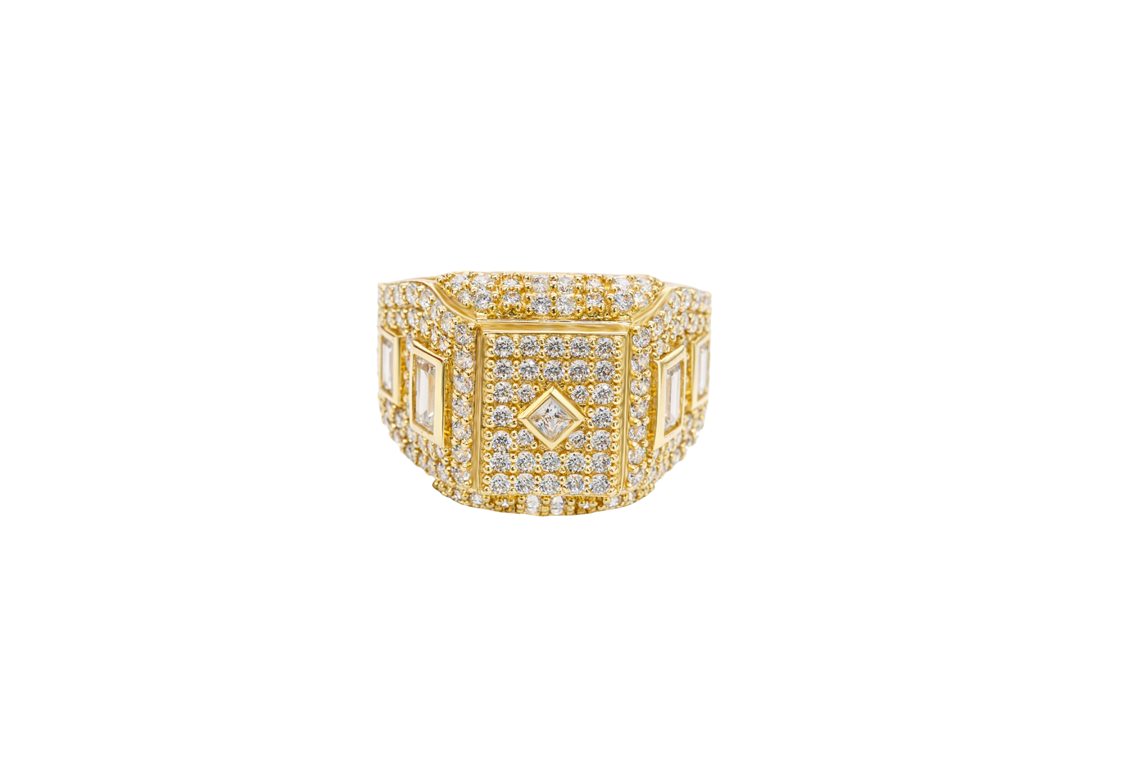 14KT Gold Ring Men's Square Seven Row White CZ Stone Platform Center Diamond Shape Raised Center Stone with Plain Border Band Design Two Baguette Stones Plain Border with White CZ Stone Background
