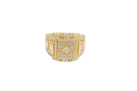 14KT Gold Ring Men's Square Seven Row White CZ Stone Platform Center Diamond Shape Raised Center Stone with Plain Border Band Design Two Baguette Stones Plain Border with White CZ Stone Background