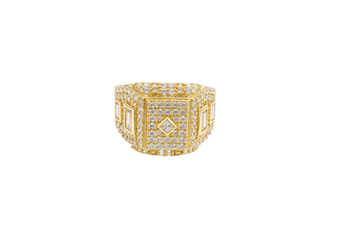 14KT Gold Ring Men's Square Seven Row White CZ Stone Platform Center Diamond Shape Raised Center Stone with Plain Border Band Design Two Baguette Stones Plain Border with White CZ Stone Background