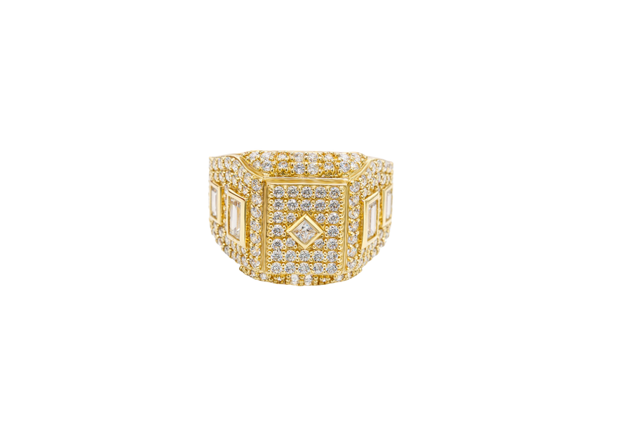 14KT Gold Ring Men's Square Seven Row White CZ Stone Platform Center Diamond Shape Raised Center Stone with Plain Border Band Design Two Baguette Stones Plain Border with White CZ Stone Background