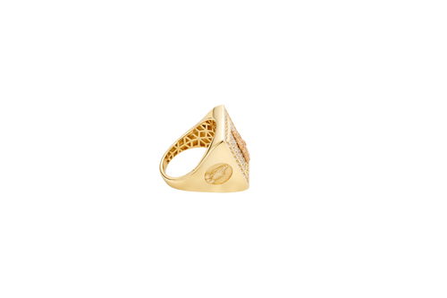 14KT Gold Ring Men's Two Tone Rectangle Standing Santa Muerte White CZ Top Border Side Design Praying Hands