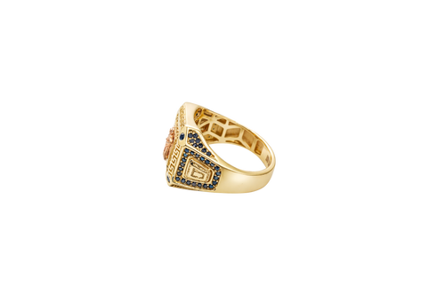 14KT Gold Ring Men's Square Two Tone Raised Santa Muerte with Sunray Background White CZ Stone Border Greek Frame Corner Design Black CZ Stone Band Design Black CZ Stones Border Around Two Tone Raised Arrow