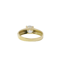 14KT Gold Ring Women's 4 Prong Round Cushion Cut White CZ Stone Solitaire with Double Row of White CZ Stones with Raised Plain Center Line Band