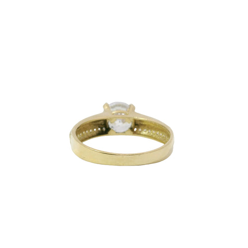 14KT Gold Ring Women's 4 Prong Round Cushion Cut White CZ Stone Solitaire with Double Row of White CZ Stones with Raised Plain Center Line Band